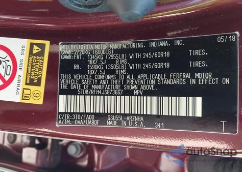 2018 Toyota Highlander Le/Le Plus from USA, damaged, VIN 5TDBZRFH4JS873667